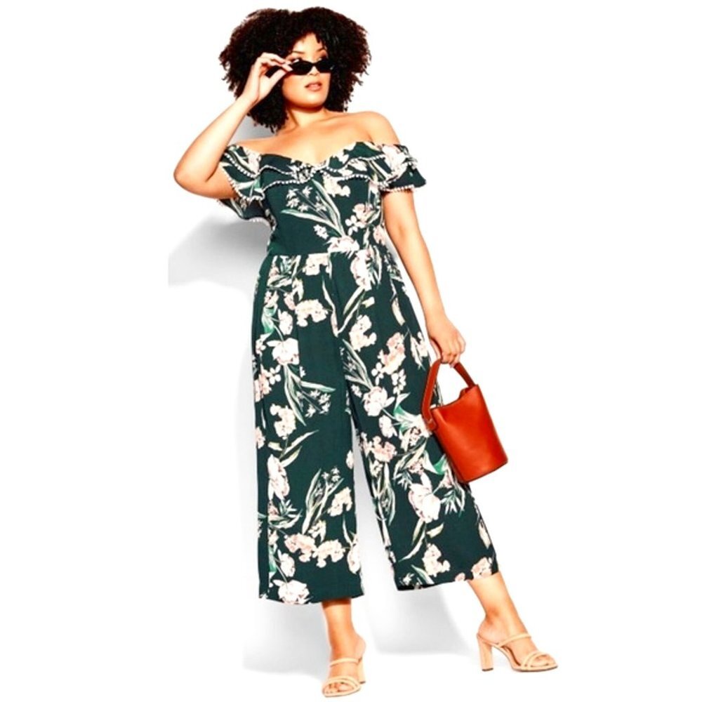 NWT CITY CHIC Fresh Fields Jumpsuit Cropped Off Shoulder Sleeveless Jade 18